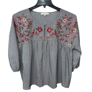 Andree By Unit Womans Peasant Top Size Large Grey White Floral Embroidered‎ Boho